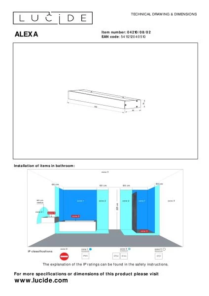 Lucide ALEXA - Lámpara de pared Baño - LED - 1x8W 3000K - IP44 - Oro mate / Latón - técnico